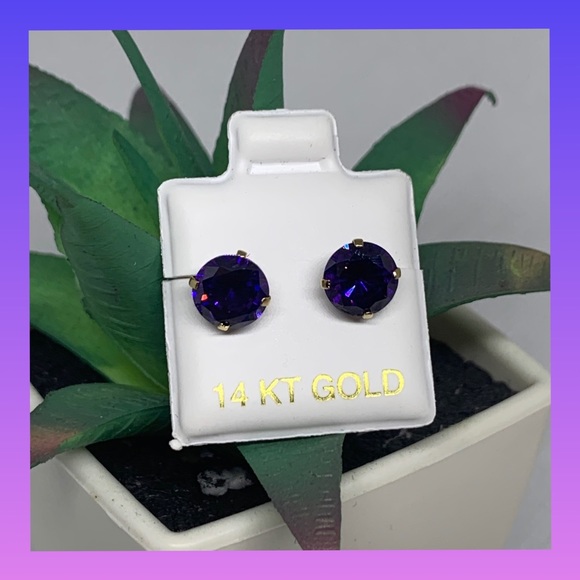 14k Gold Earrings with Purple stone - Picture 3 of 7